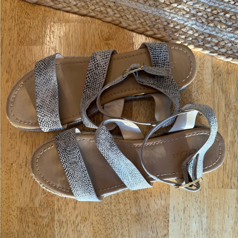 Soda Tan Wedges with Gray Snakeskin Straps